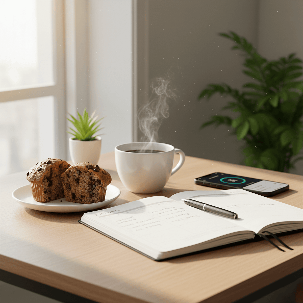 cozy workspace with muffins, coffee, and a notebook, perfect for new year protein motivation