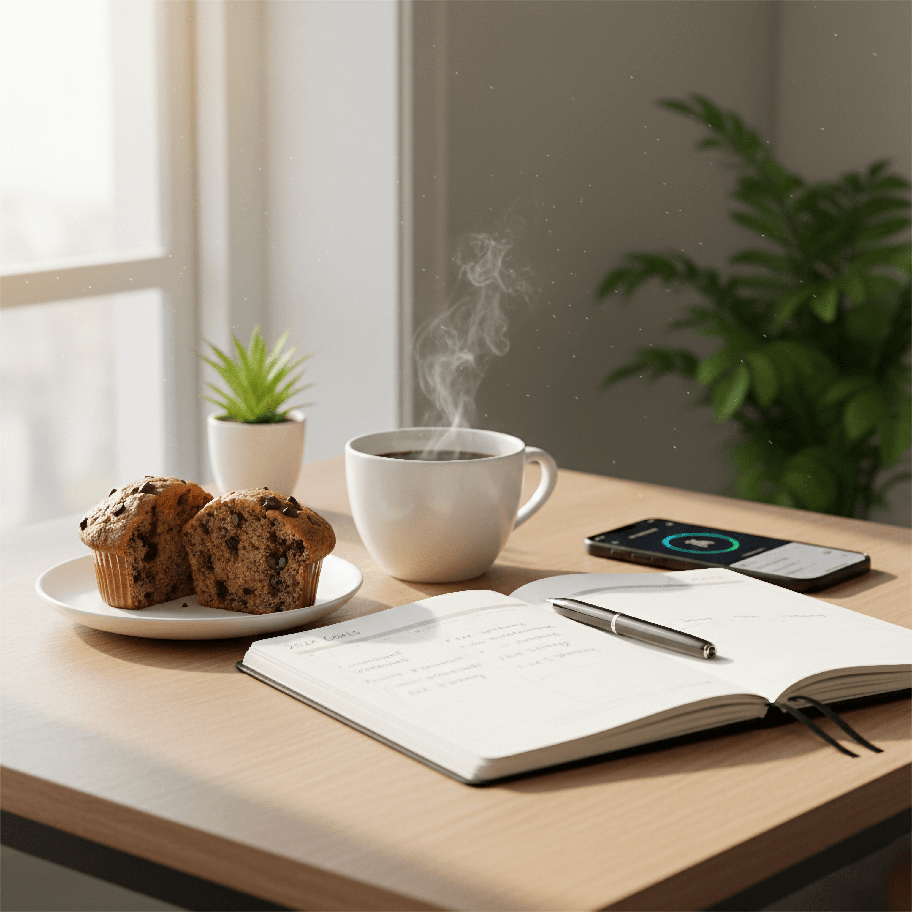 cozy workspace with muffins, coffee, and a notebook, perfect for new year protein motivation