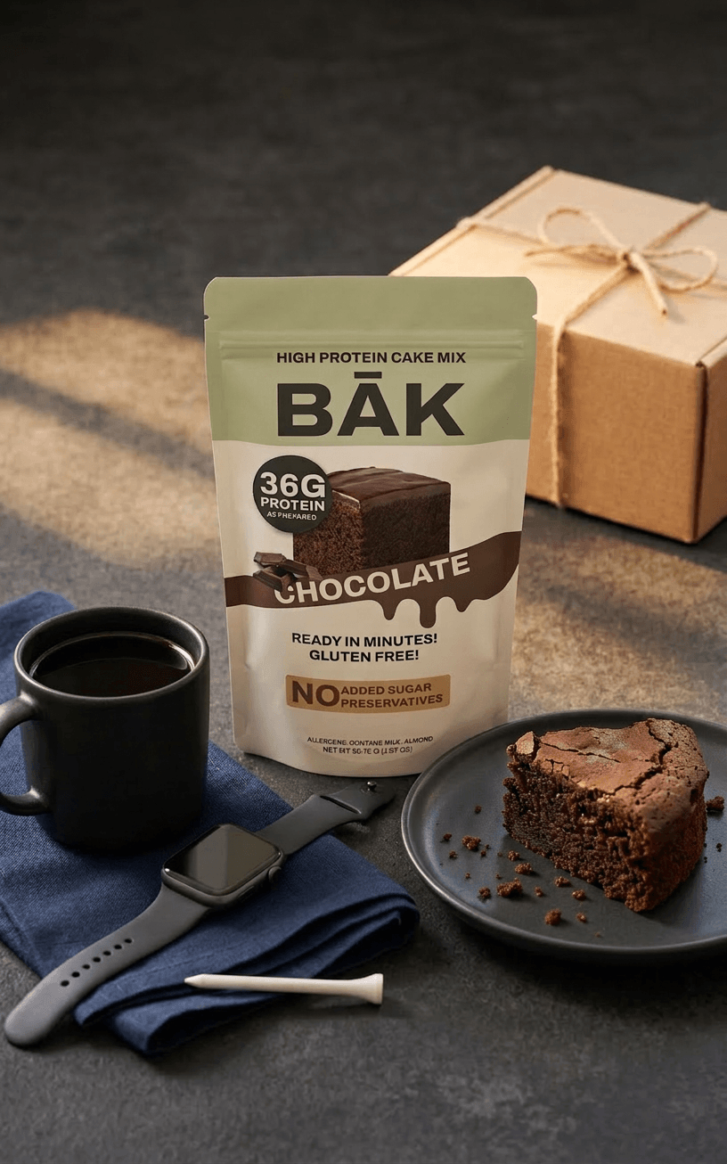 Chocolate high-protein Father's Day cake on a dark plate beside a kraft gift box and black coffee in a warm masculine kitchen setting