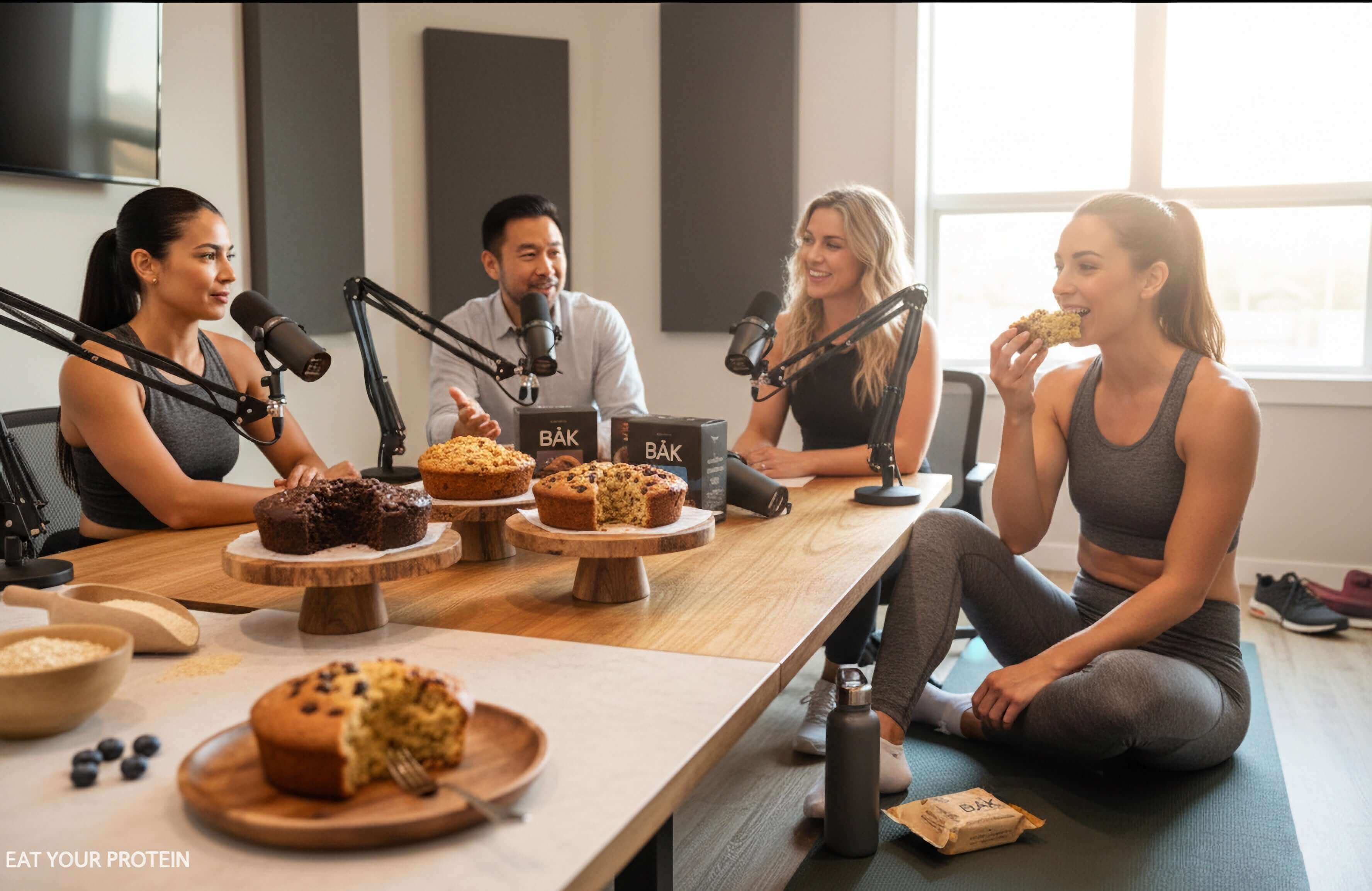 Nutritionists discussing protein cake nutrition with delicious cakes displayed on a table.
