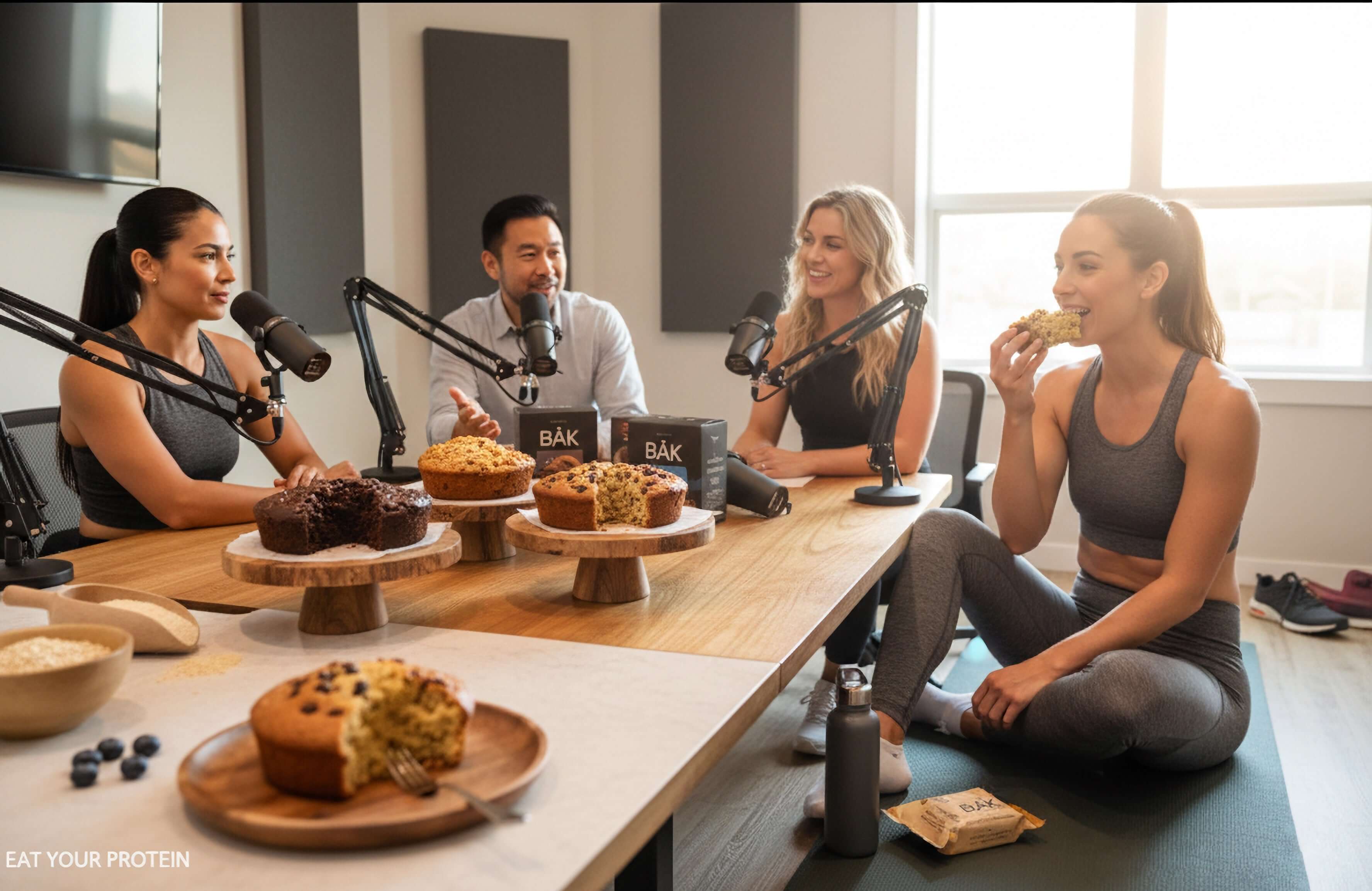 Nutritionists discussing protein cake nutrition with delicious cakes displayed on a table.