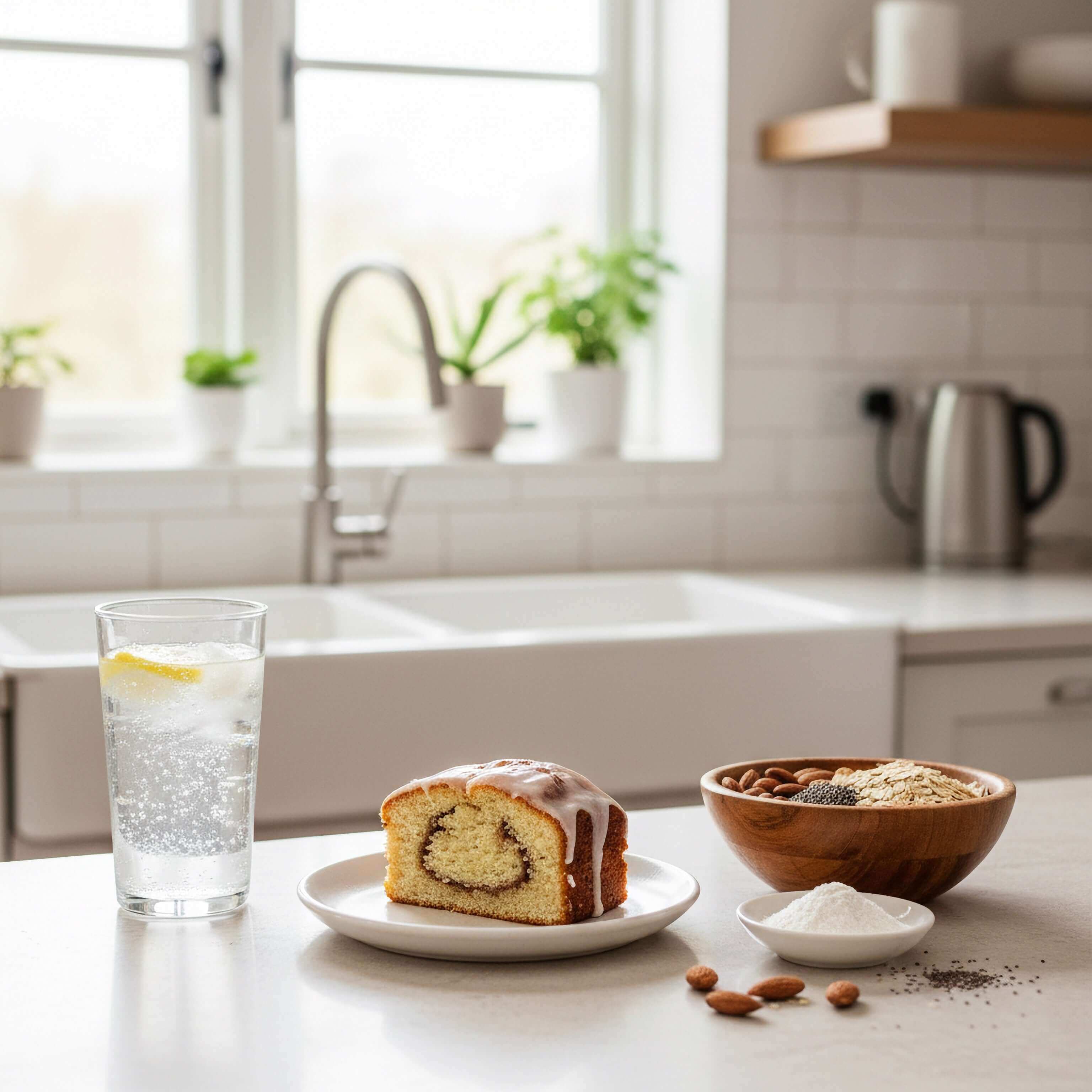 A delicious slice of cake and healthy snacks on a kitchen table, highlighting options for protein appetite control.