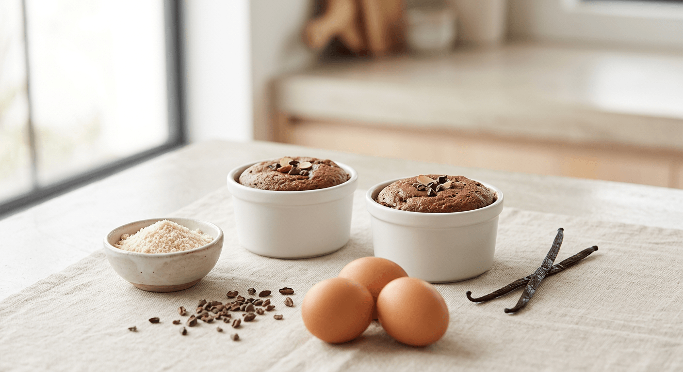 Ingredients for gluten-free protein cake review, including cakes, eggs, and vanilla on a kitchen counter.