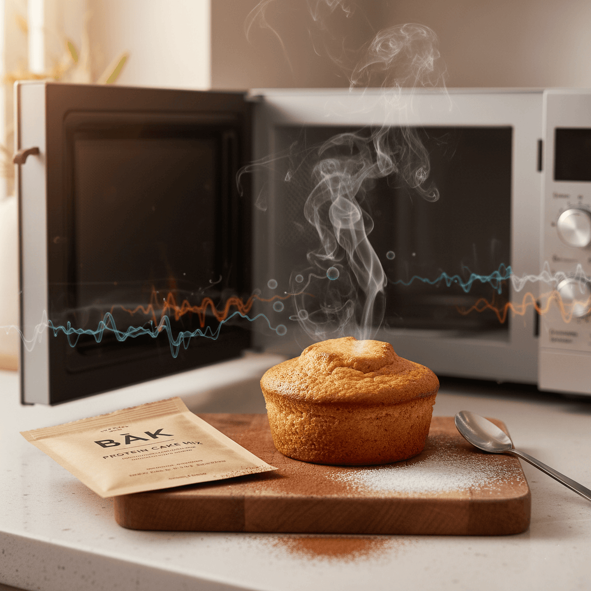 steaming protein cake in front of microwave with BĀK mix packet