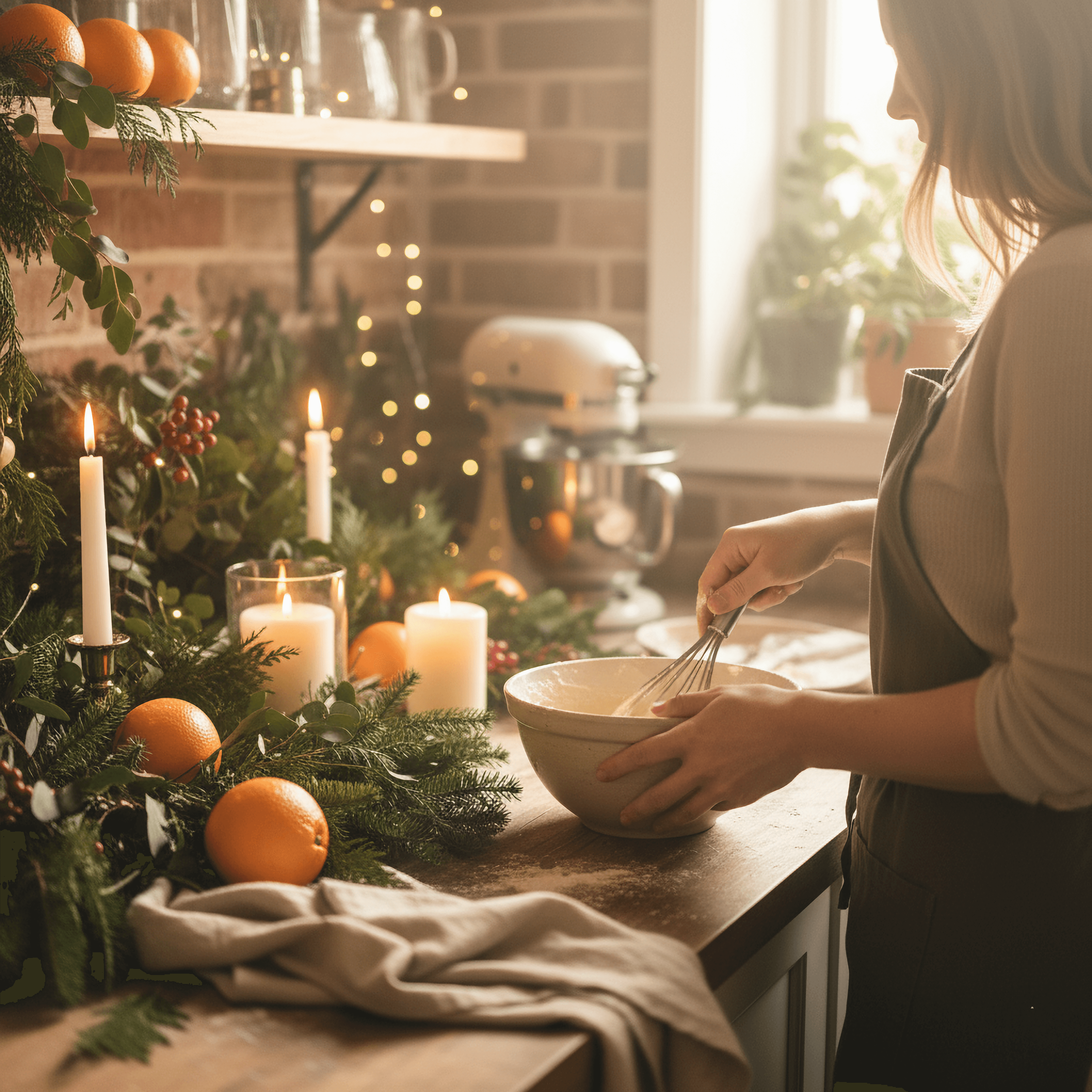A cozy kitchen scene with someone whisking batter, surrounded by natural holiday decor (greenery, oranges, candles).
