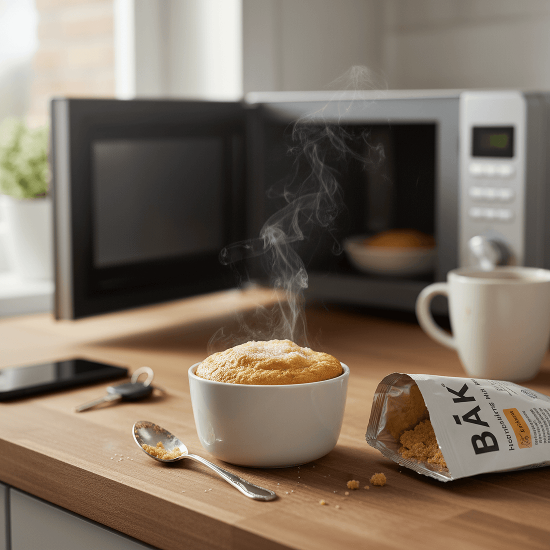 healthy treat protein cake in front of microwave