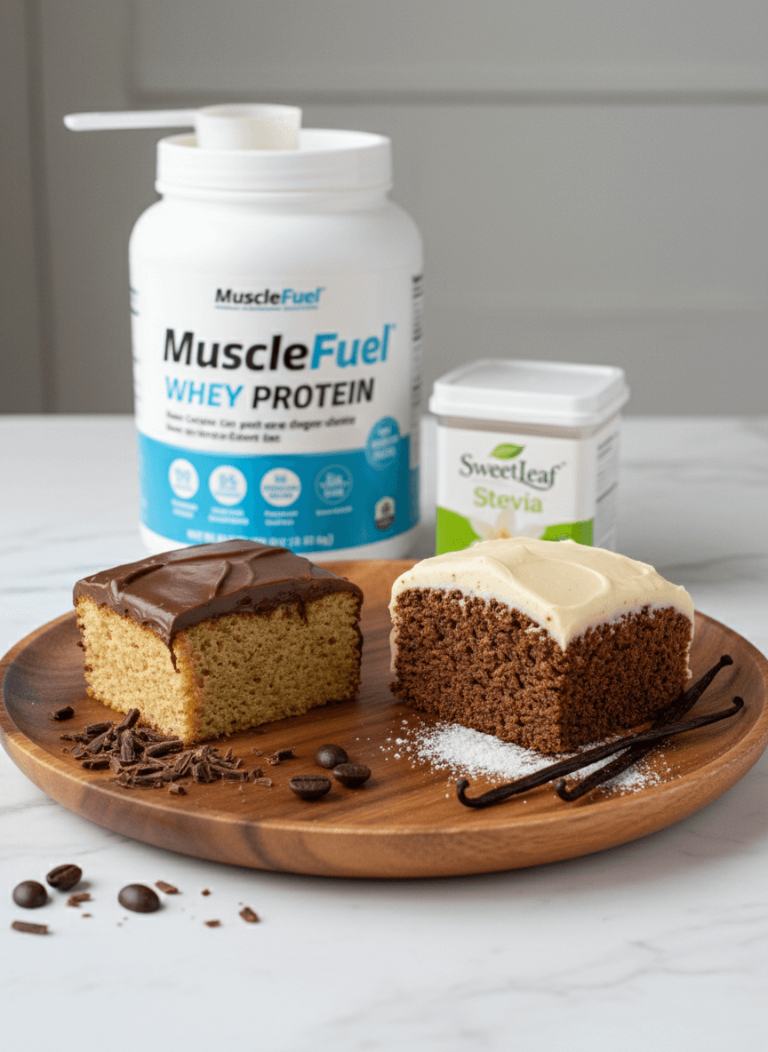 Chocolate and Vanilla Protein Cake with Protein bottle in background