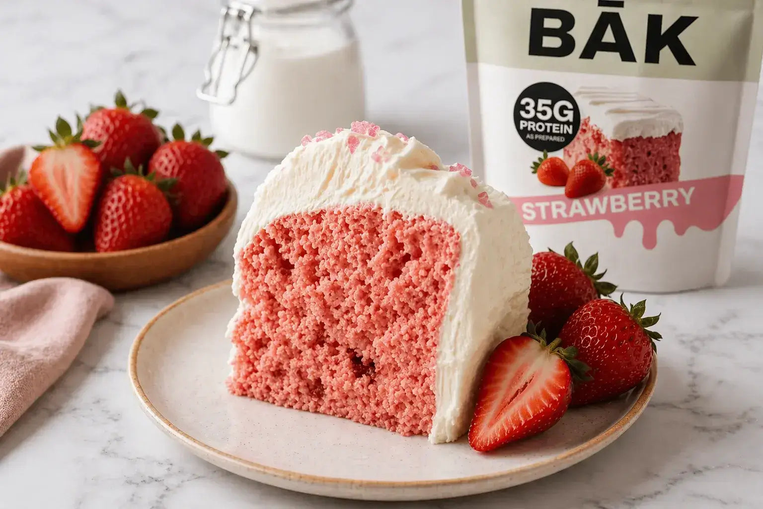 strawberry protein cake won plate with fresh strawberries
