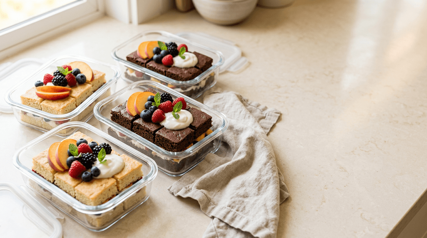 Three glass containers of high-protein cake topped with summer berries and mint on a bright kitchen counter.