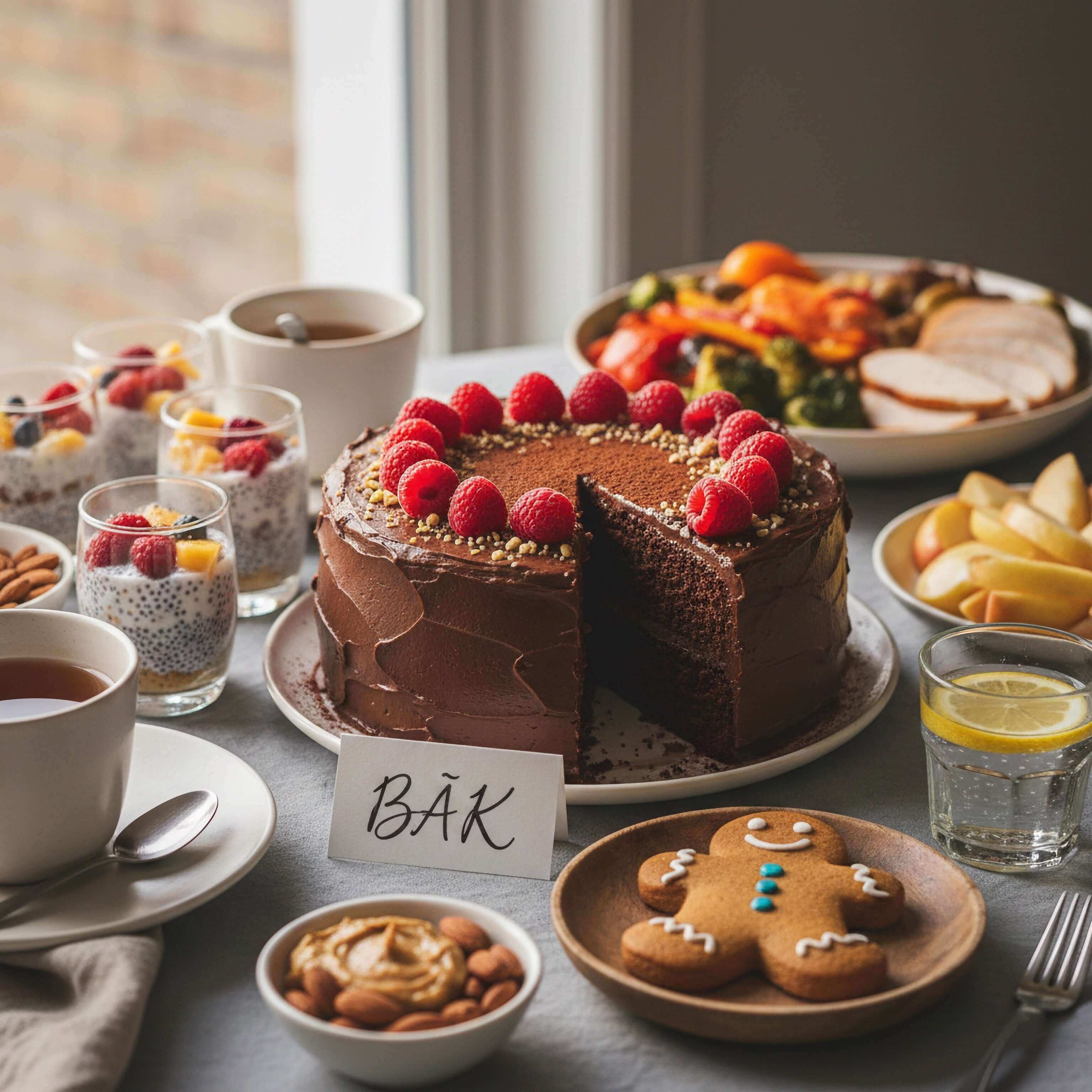 A festive table displaying a chocolate cake, holiday treats, and mindful indulgence mindset holiday tips.
