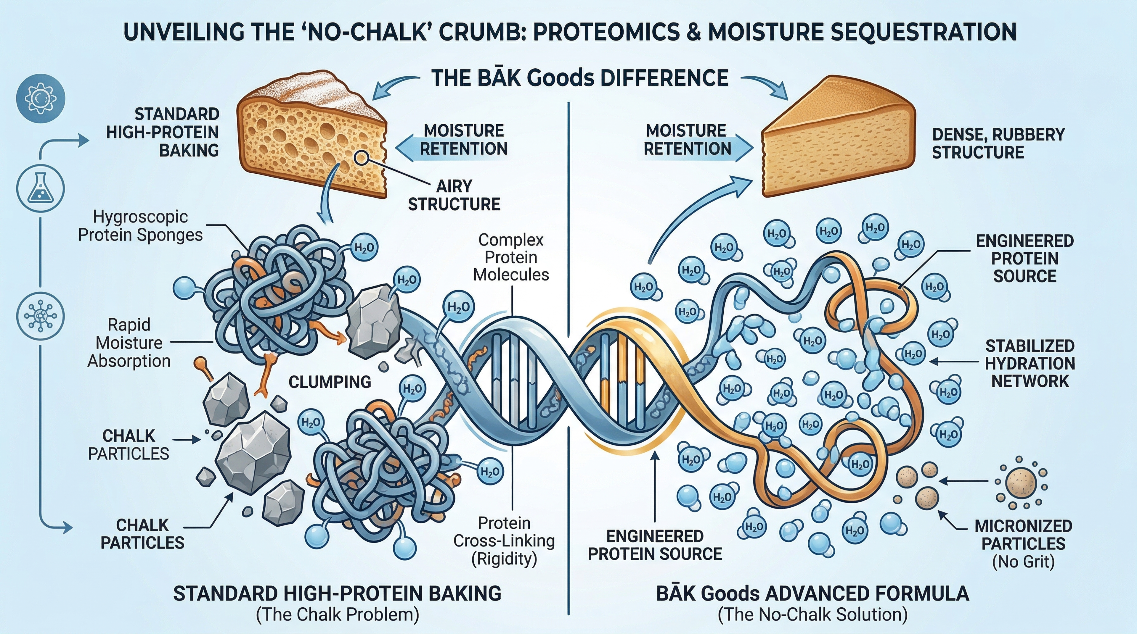 Why Protein Powder for Baking is Usually Chalky infographic showing the BĀK Goods difference in baking textures.