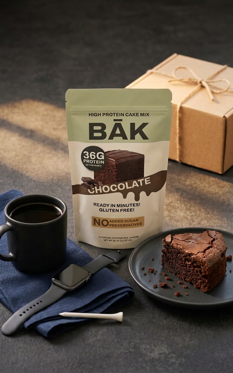 Chocolate high-protein Father's Day cake on a dark plate beside a kraft gift box and black coffee in a warm masculine kitchen setting