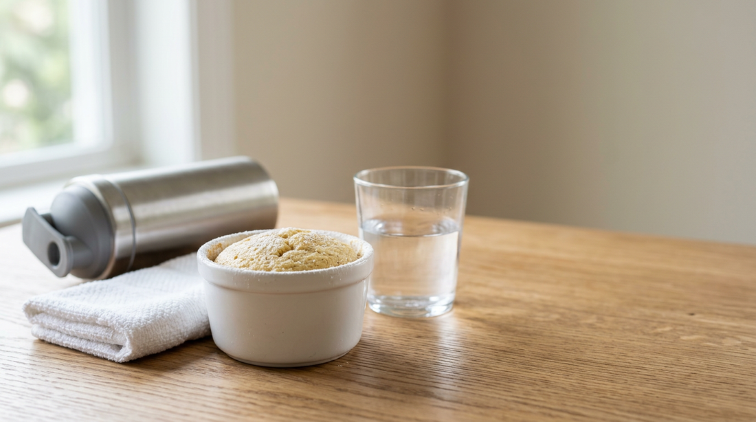 Warm vanilla high-protein cake on a white plate beside a stainless water bottle and folded gym towel as a post-workout snack