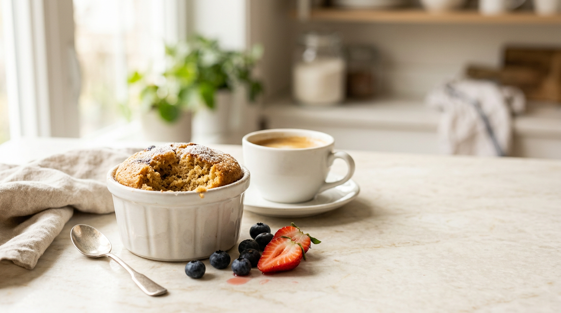 Warm vanilla high-protein cake in a white ramekin with coffee and fresh berries on a soft morning kitchen counter