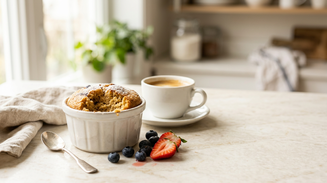 Warm vanilla high-protein cake in a white ramekin with coffee and fresh berries on a soft morning kitchen counter