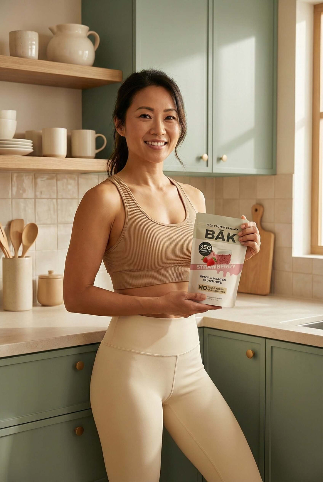 Woman in activewear holding protein supplement in kitchen, showcasing protein for every body lifestyle.