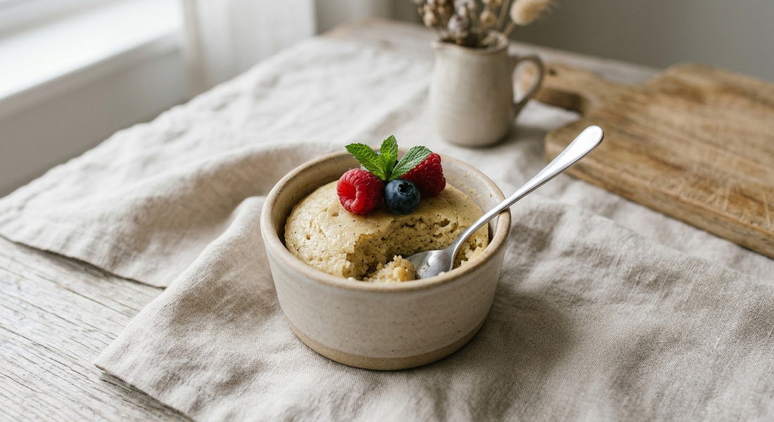Small portion of warm vanilla high-protein cake with a few berries on a neutral plate beside a glass of water