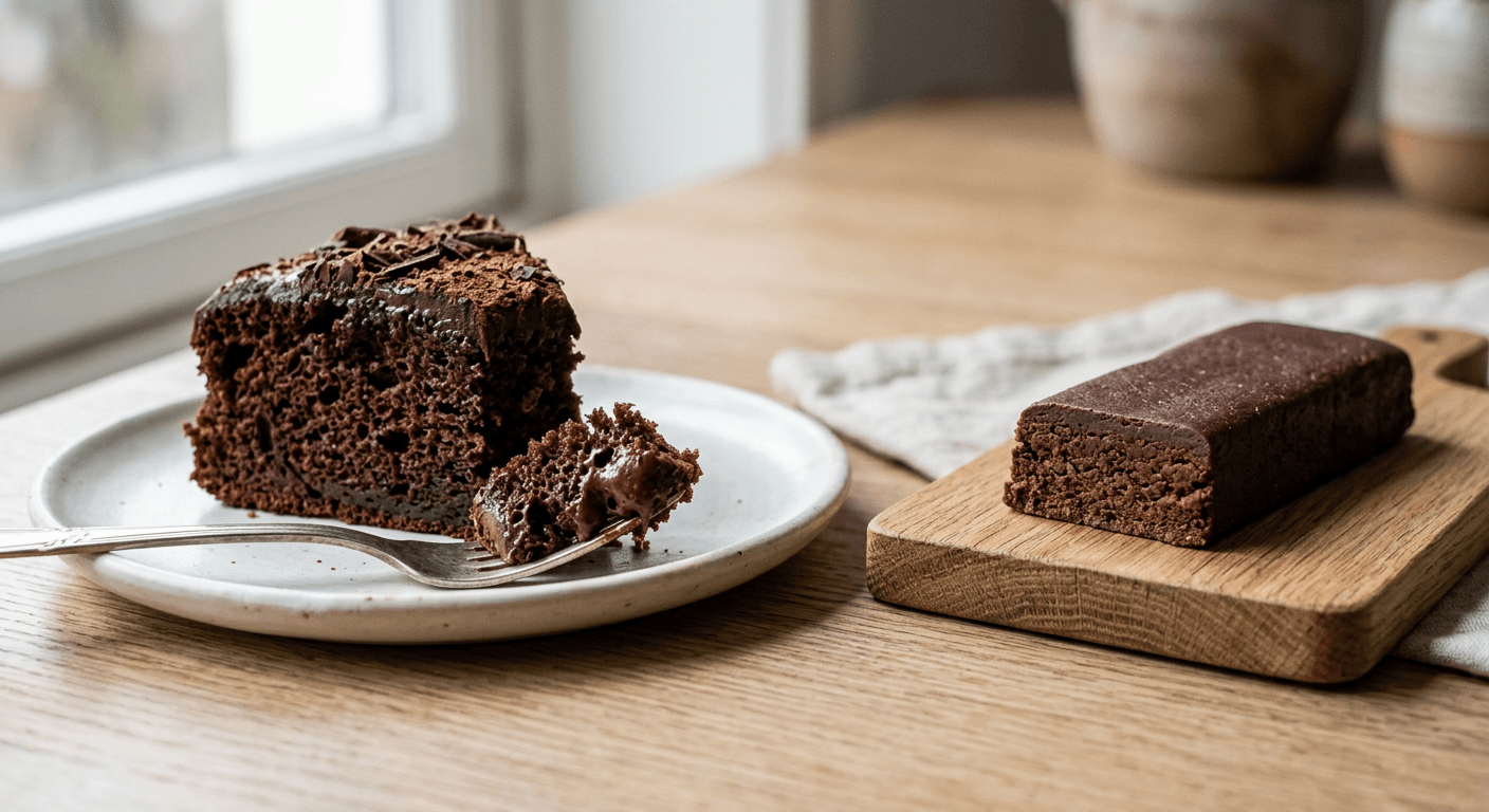 Soft chocolate protein cake on a matte plate beside a generic dense protein bar to show the texture difference