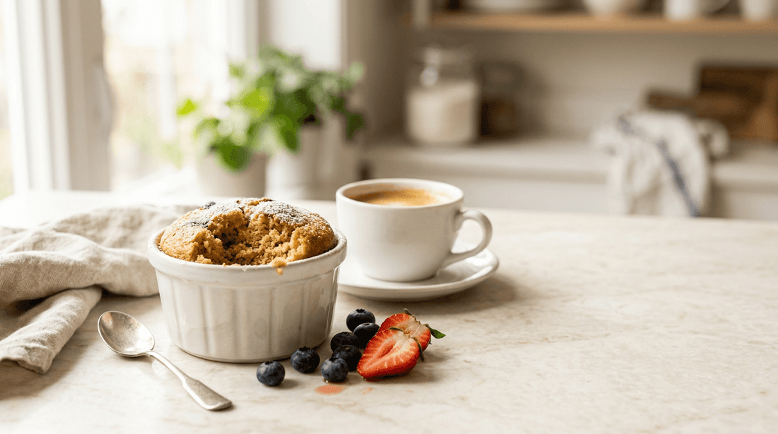 Warm vanilla high-protein cake in a white ramekin with coffee and fresh berries on a soft morning kitchen counter