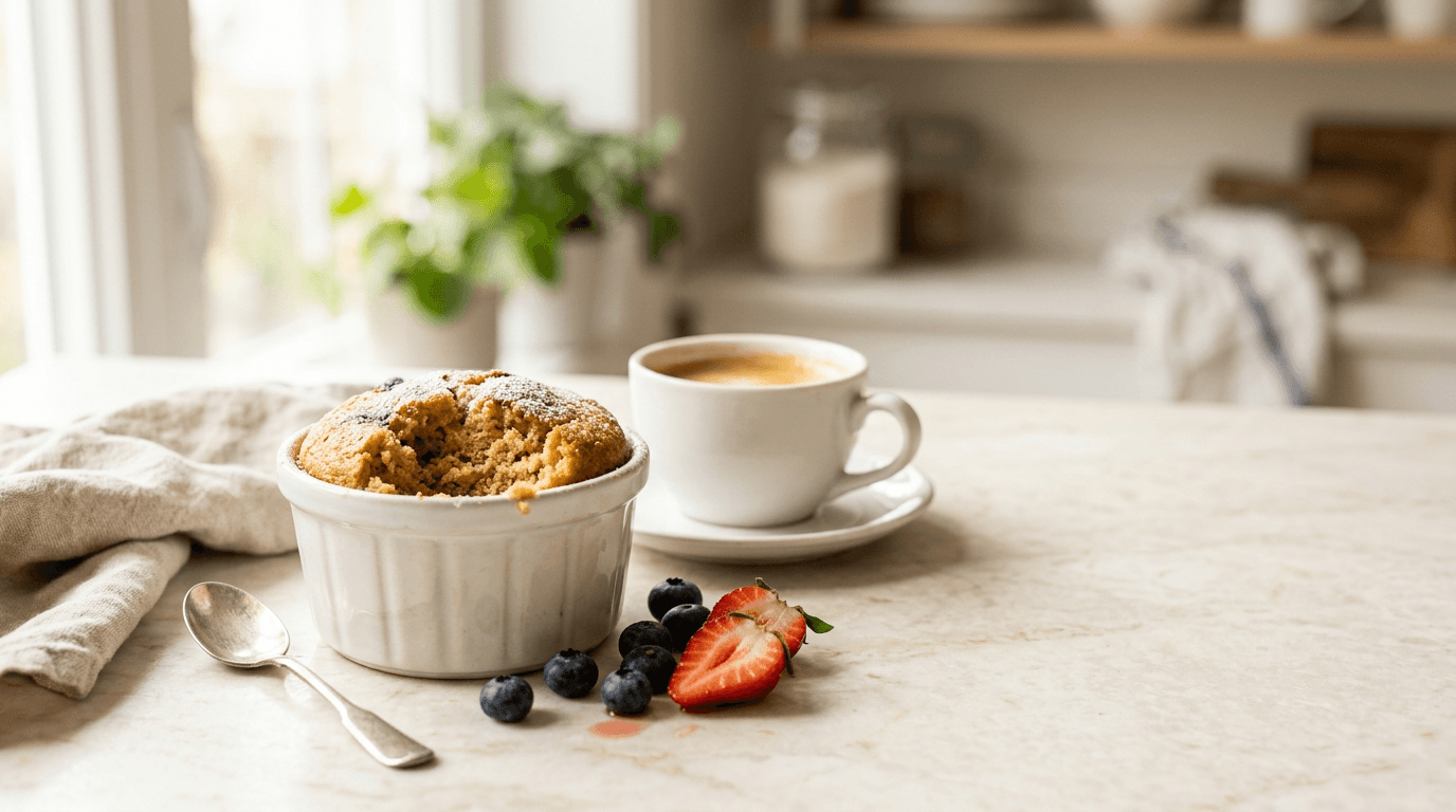 Warm vanilla high-protein cake in a white ramekin with coffee and fresh berries on a soft morning kitchen counter
