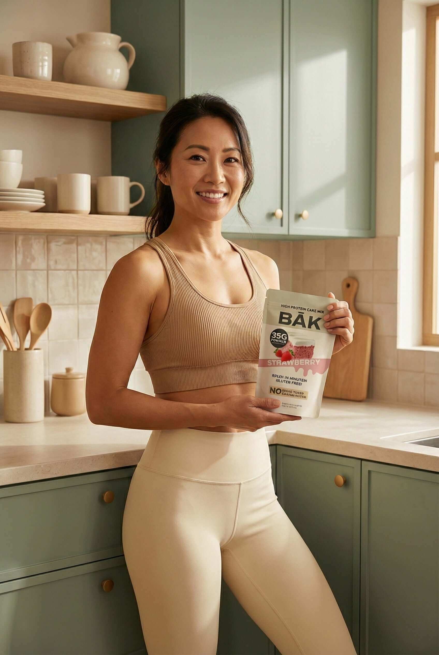 Woman in activewear holding protein supplement in kitchen, showcasing protein for every body lifestyle.