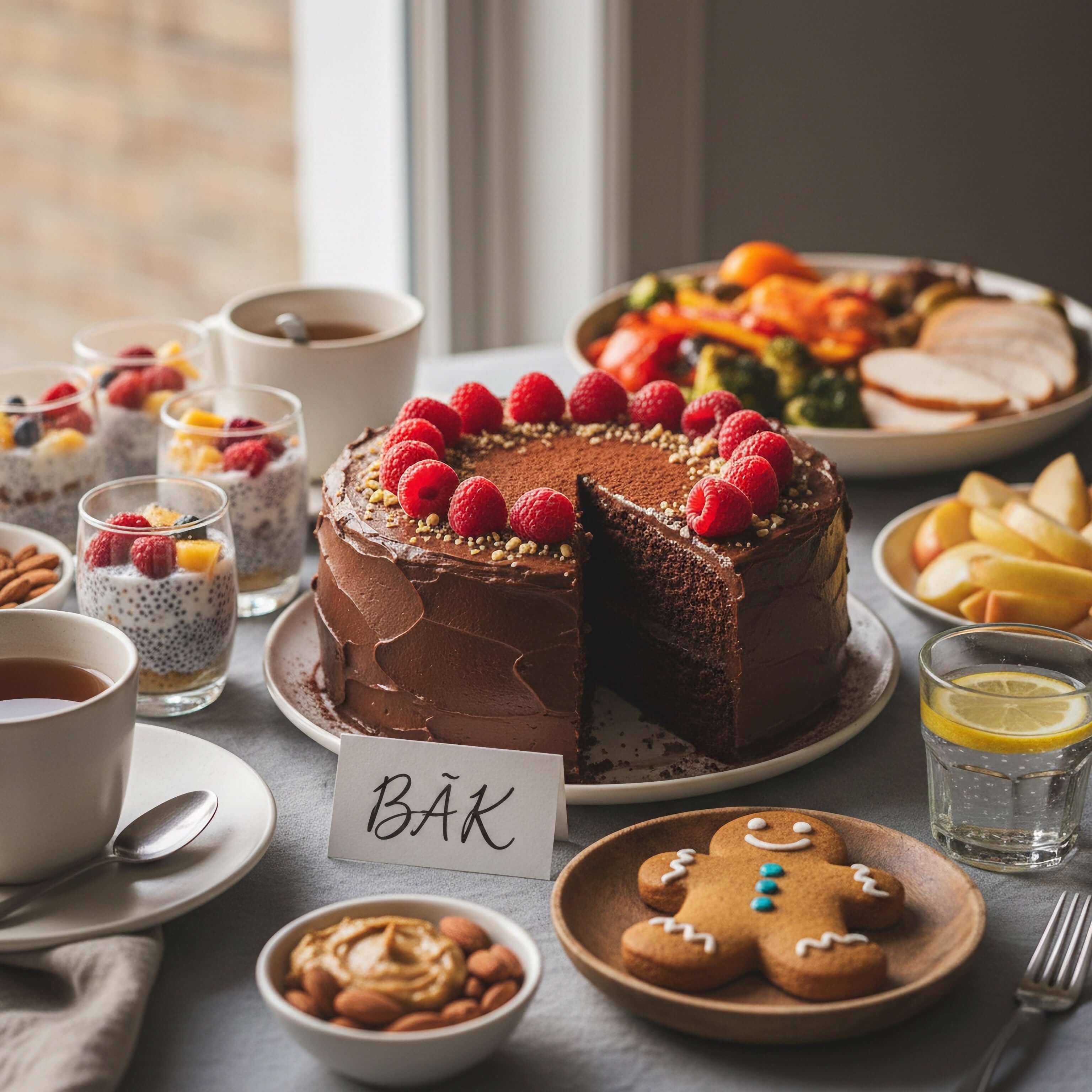 A festive table displaying a chocolate cake, holiday treats, and mindful indulgence mindset holiday tips.