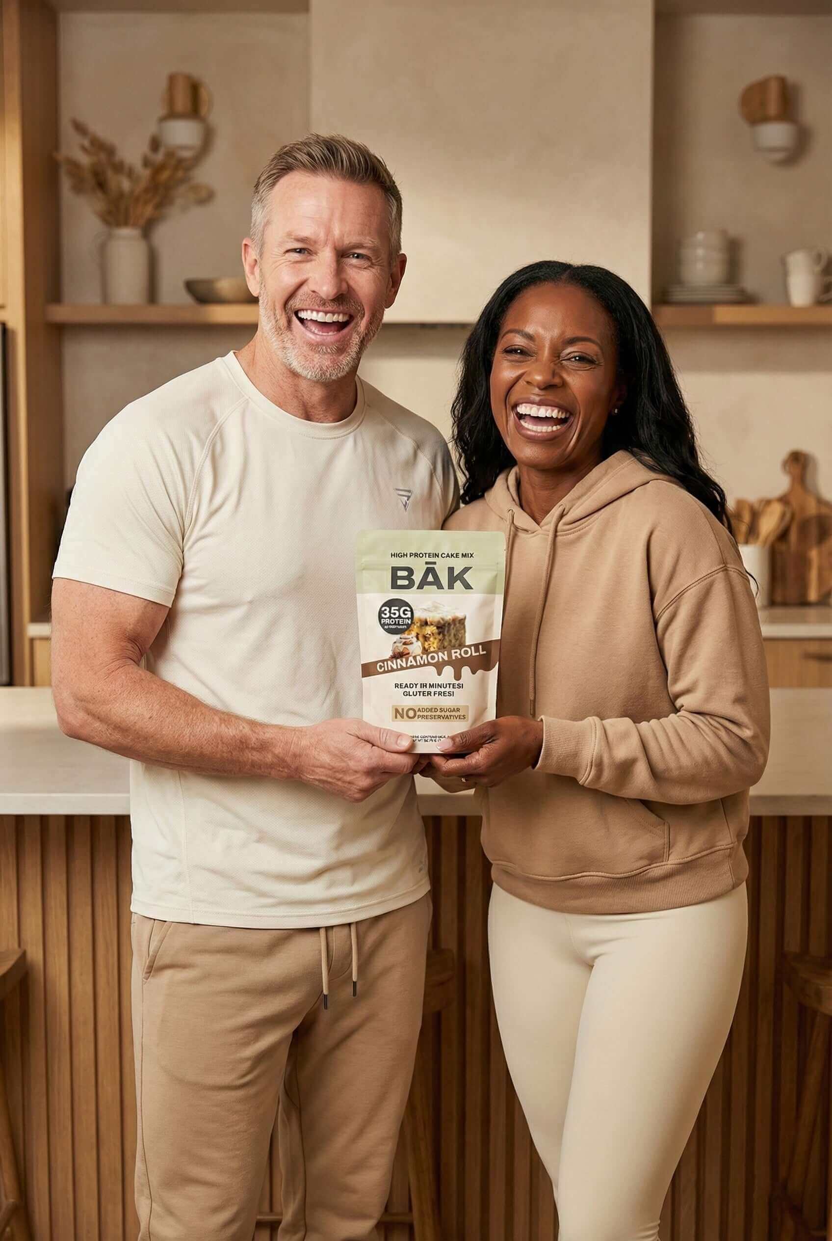 A man and a woman happily sharing the GLP-1 Protein Challenge product in a modern kitchen setting.