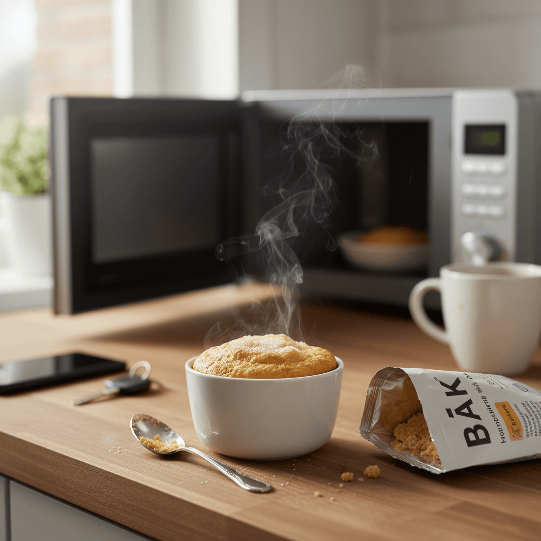 healthy treat protein cake in front of microwave