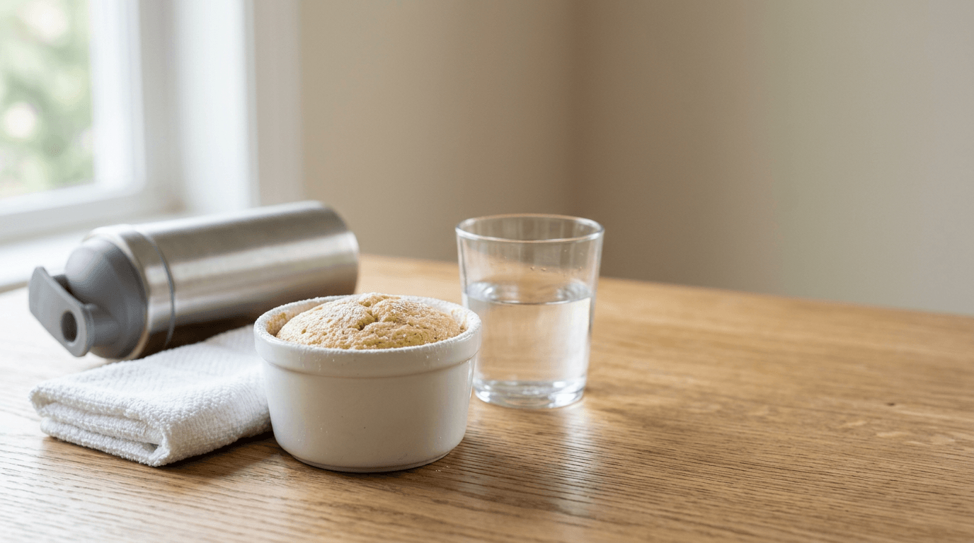 Warm vanilla high-protein cake on a white plate beside a stainless water bottle and folded gym towel as a post-workout snack