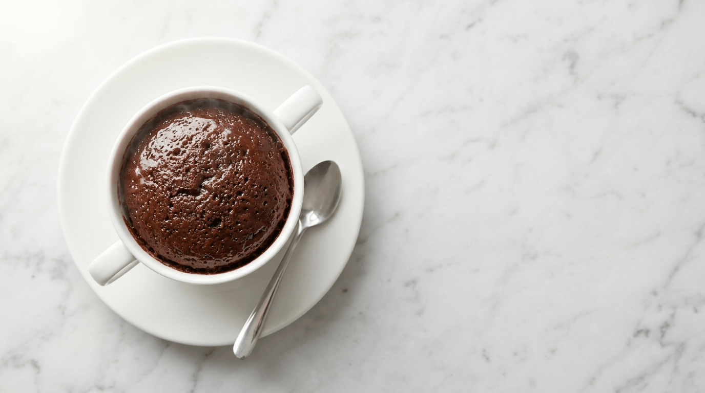 high-protein mug cake recipe in a white mug on a plate with a spoon on marble surface.