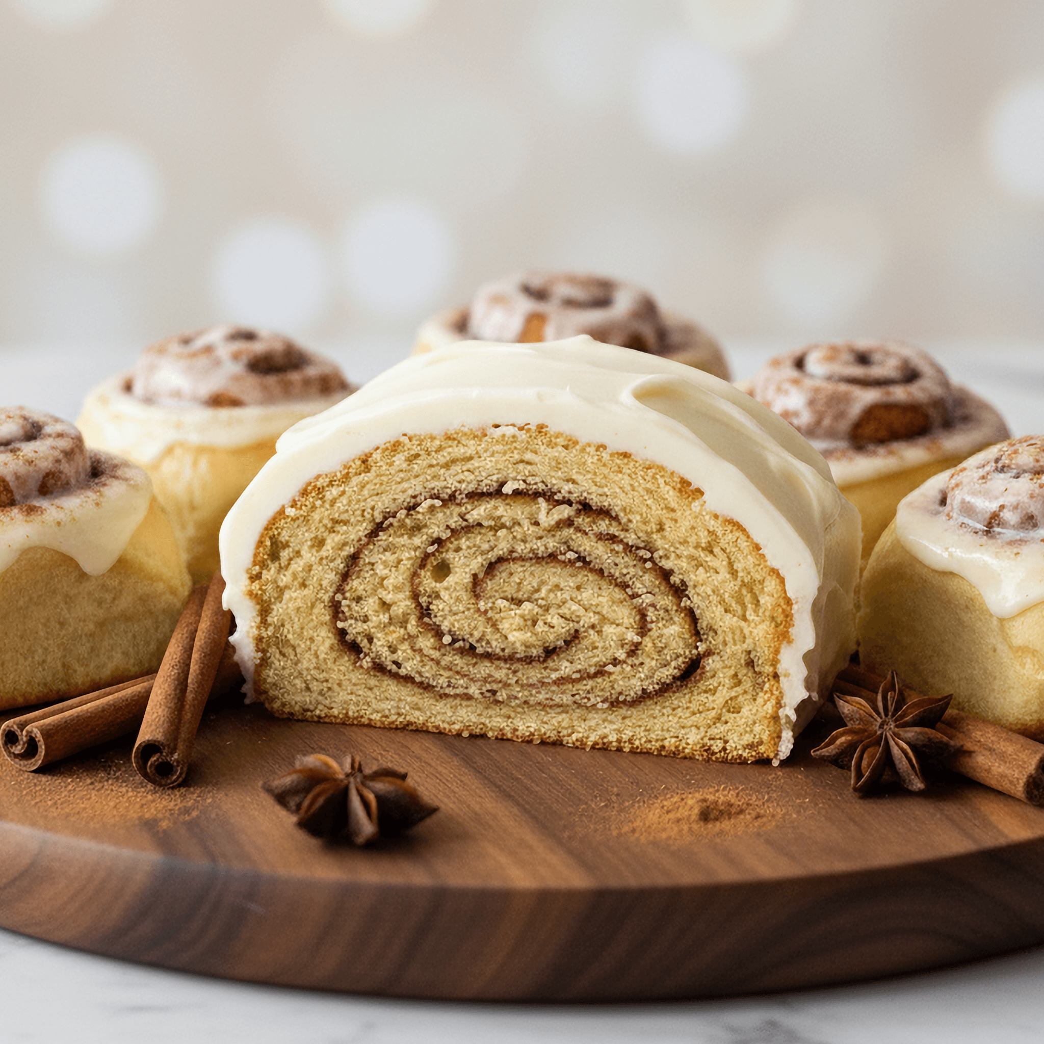 protein cake - cinnamon swirl cake with cream cheese frosting on a wooden platter