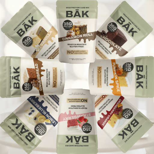 High-protein cake mix: Variety of BĀK flavors including Vanilla, Cinnamon Roll, Chocolate, Gingerbread, Pumpkin Spice, and Strawberry.