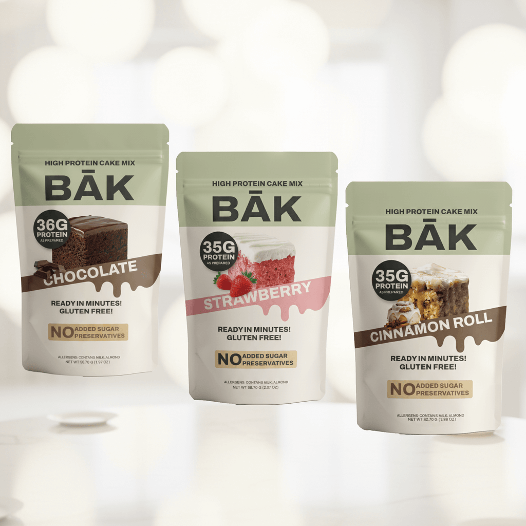 Baker’s Bundle featuring high protein cake mixes in Chocolate, Strawberry, and Cinnamon Roll flavors, gluten-free and ready in minutes.