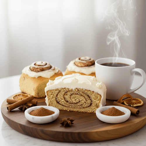 Warm Cinnamon Roll Protein Cake with toppings and coffee on a wooden platter, a healthy dessert option.