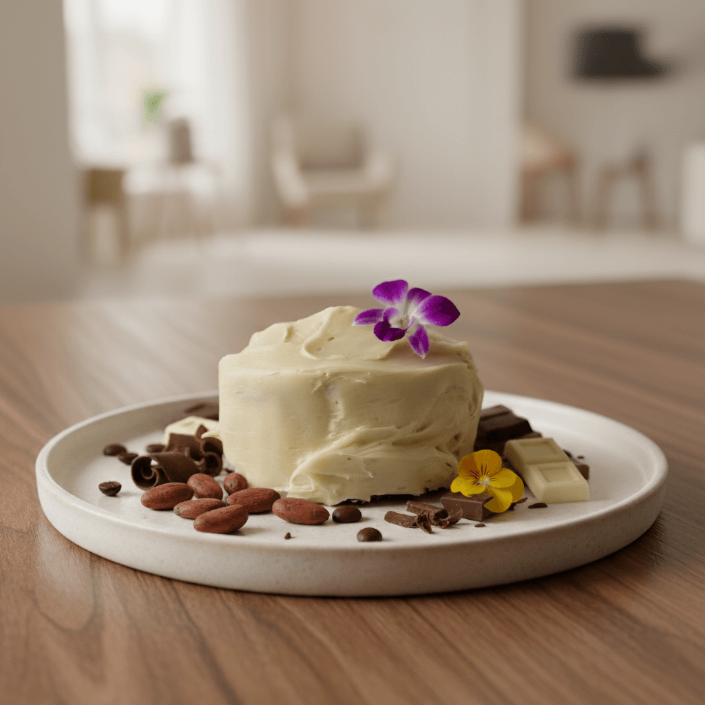 Chocolate Protein Cake Mix served on a plate with chocolate pieces and garnished with flowers.