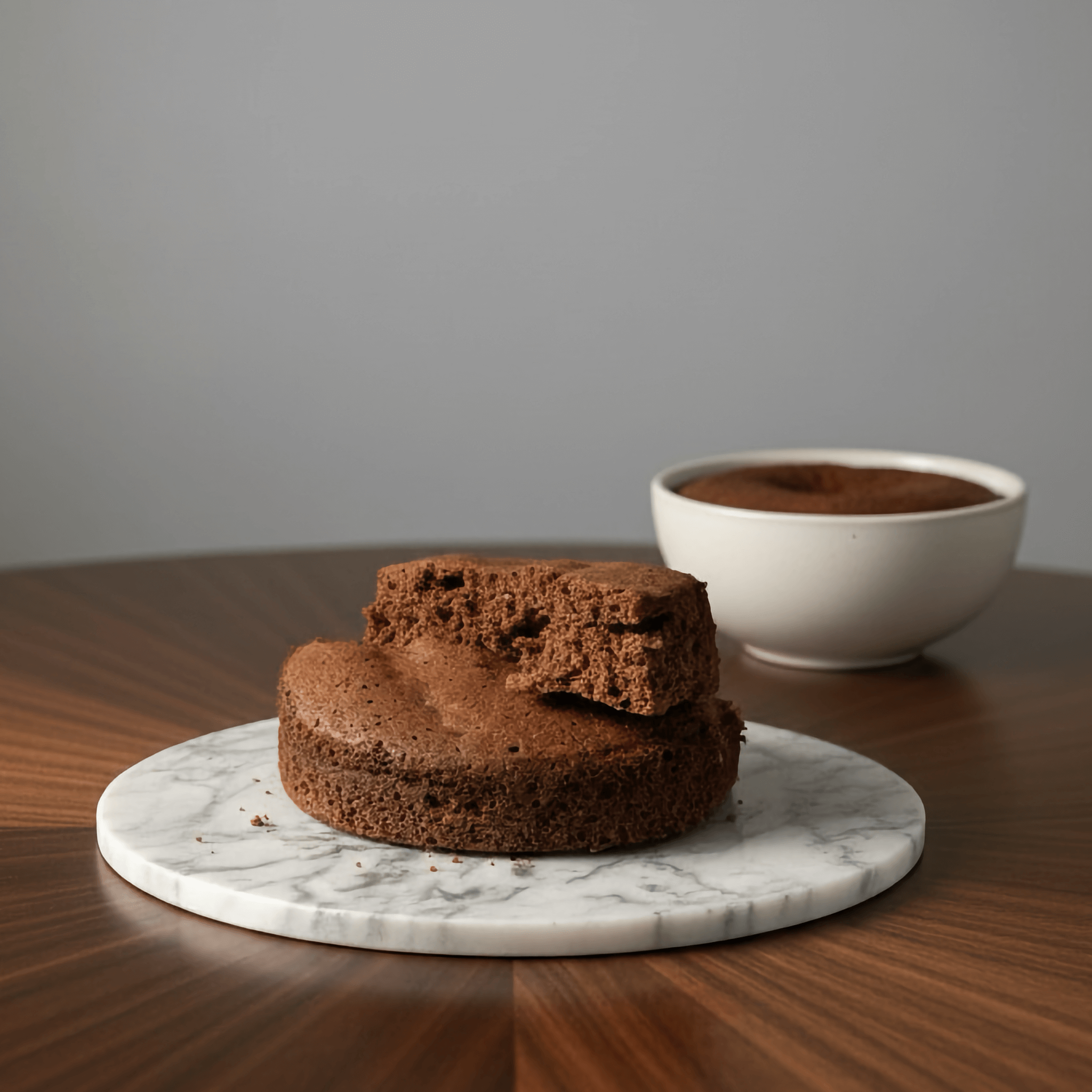 Chocolate Protein Cake Mix displayed on a marble platter with a slice cut out, showcasing its rich and moist texture.