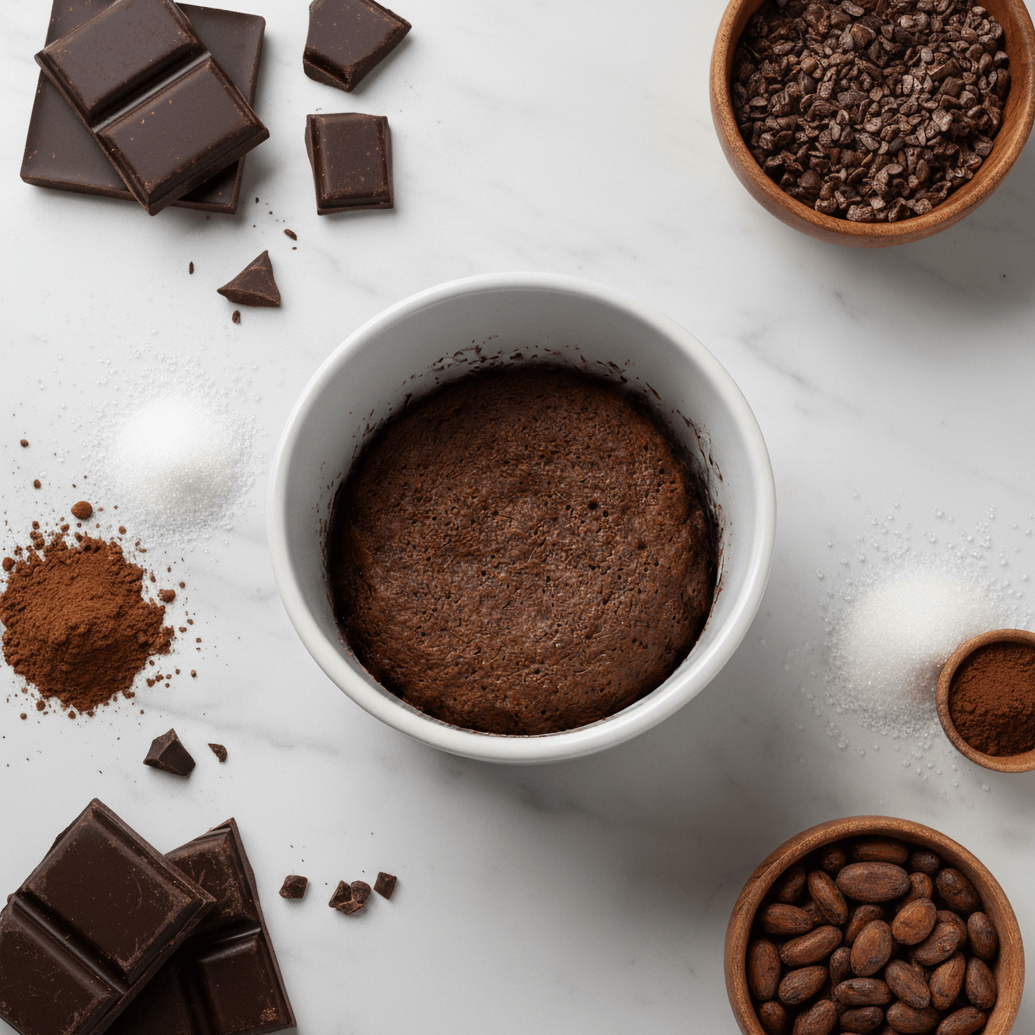 Chocolate Protein Cake Mix prepared in a bowl with chocolate pieces and cocoa around, showcasing a healthy dessert option.