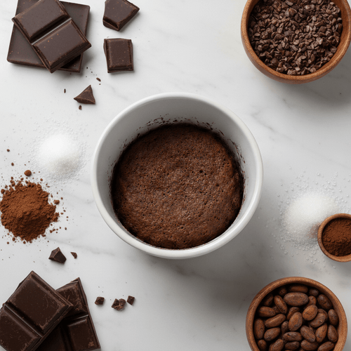 Chocolate Protein Cake Mix prepared in a bowl with chocolate pieces and cocoa around, showcasing a healthy dessert option.