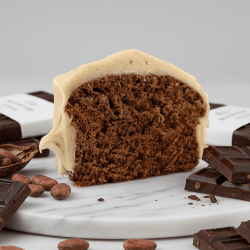Chocolate Protein Cake Mix slice with frosting, surrounded by chocolate and cocoa beans, a healthy dessert option.