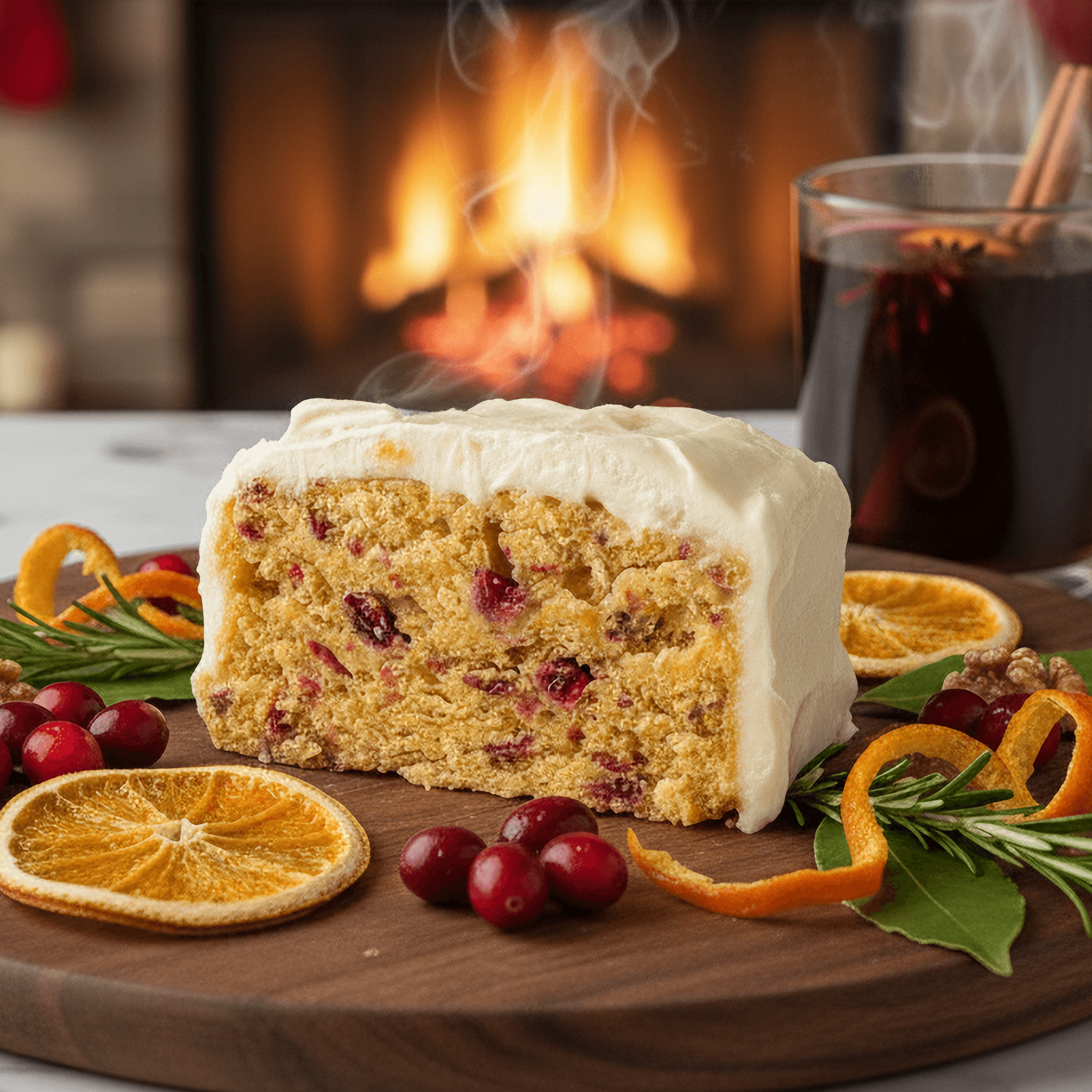 Slice of Protein Cake - Cranberry Orange on a wooden board with oranges and cranberries, warm ambiance from a fireplace.