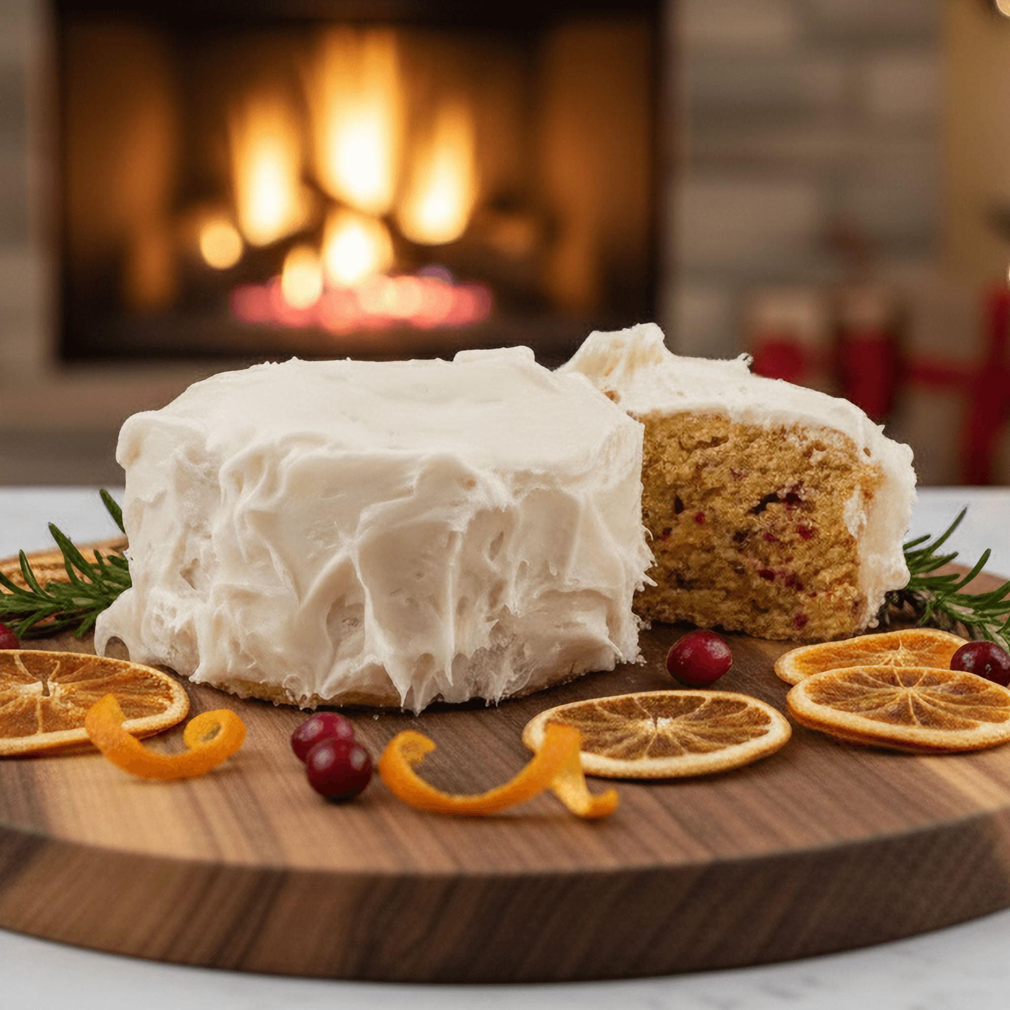 Frosted cranberry orange protein cake on a wooden board, garnished with dried orange slices, cranberries, and rosemary, set in front of a warm fireplace.