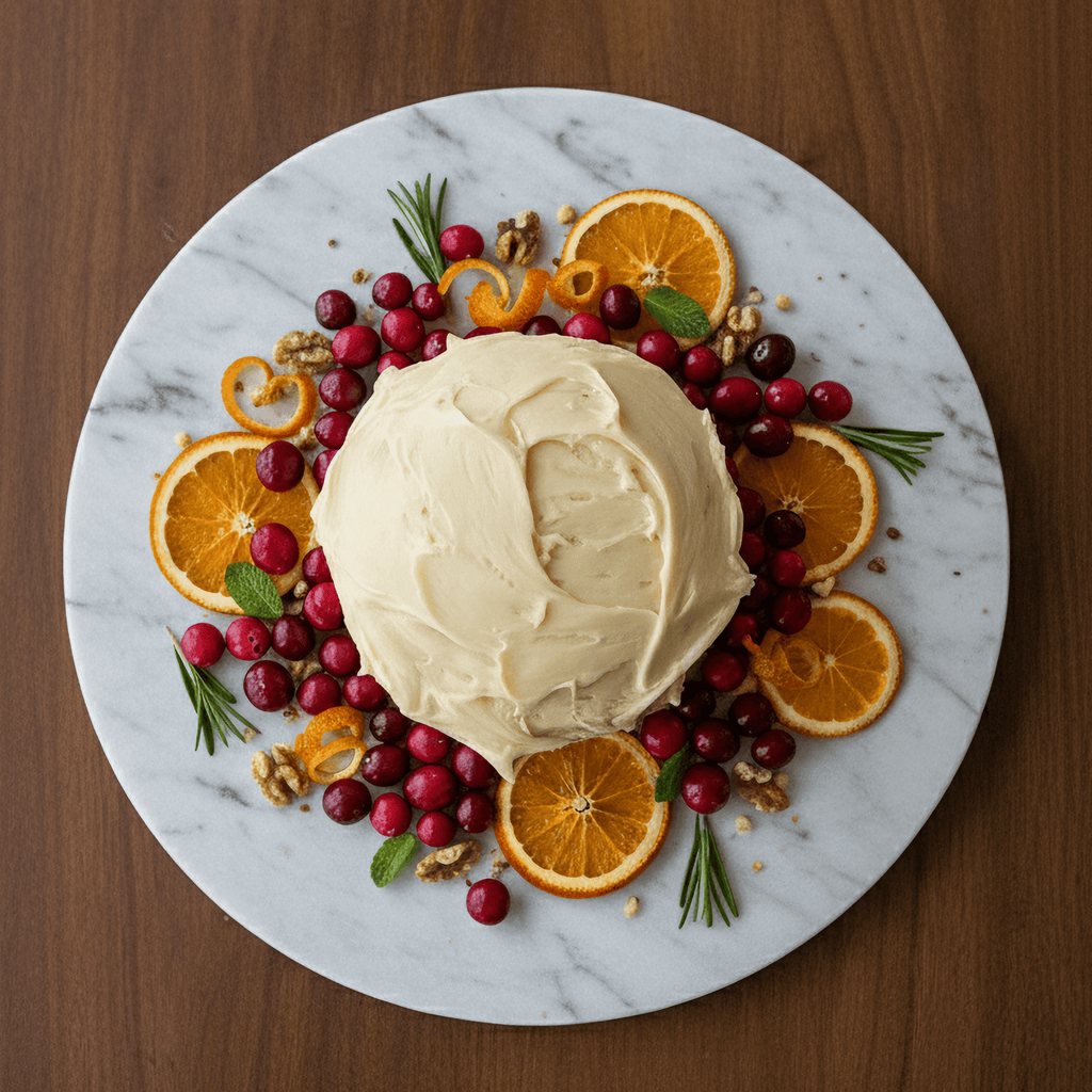 Round cranberry orange protein cake with creamy frosting on a marble plate, surrounded by fresh cranberries, dried orange slices, rosemary, mint, and walnuts for a holiday-inspired presentation.