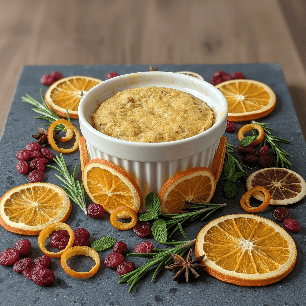 Baked cranberry orange protein cake in a white ramekin, surrounded by dried orange slices, cranberries, rosemary, mint, and star anise for a festive holiday display.s
