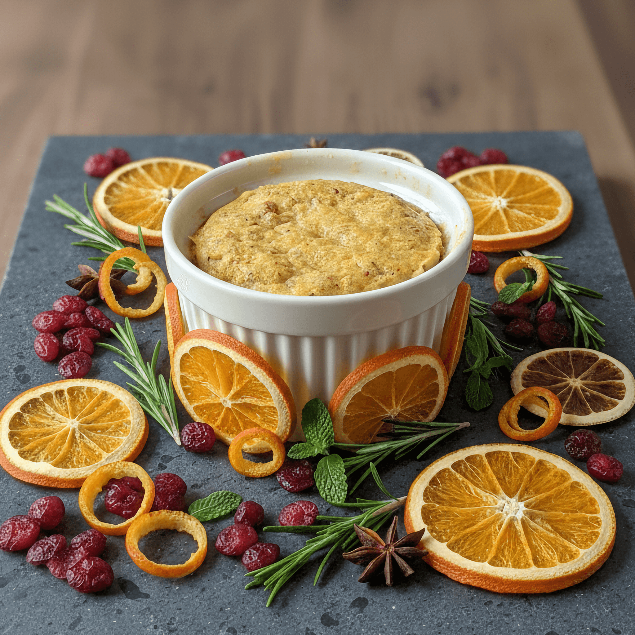 Baked cranberry orange protein cake in a white ramekin, surrounded by dried orange slices, cranberries, rosemary, mint, and star anise for a festive holiday display.s