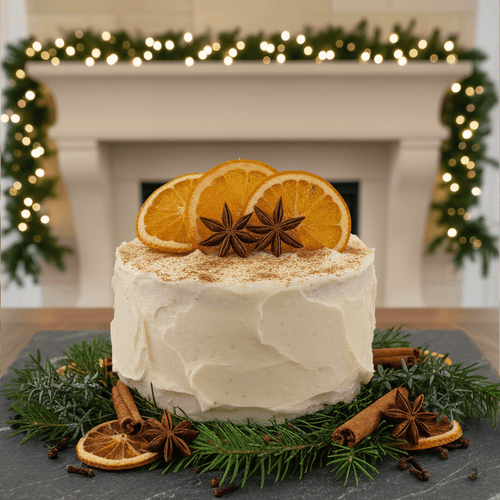 Gingerbread Protein Cake Mix decorated with orange slices and star anise, surrounded by cinnamon sticks and greenery.
