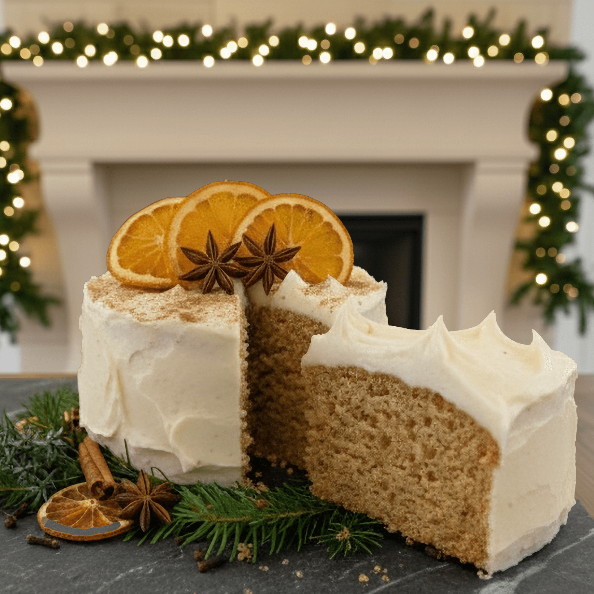 Gingerbread Protein Cake Mix decorated with orange slices and star anise, showcasing a healthy dessert for winter holidays.