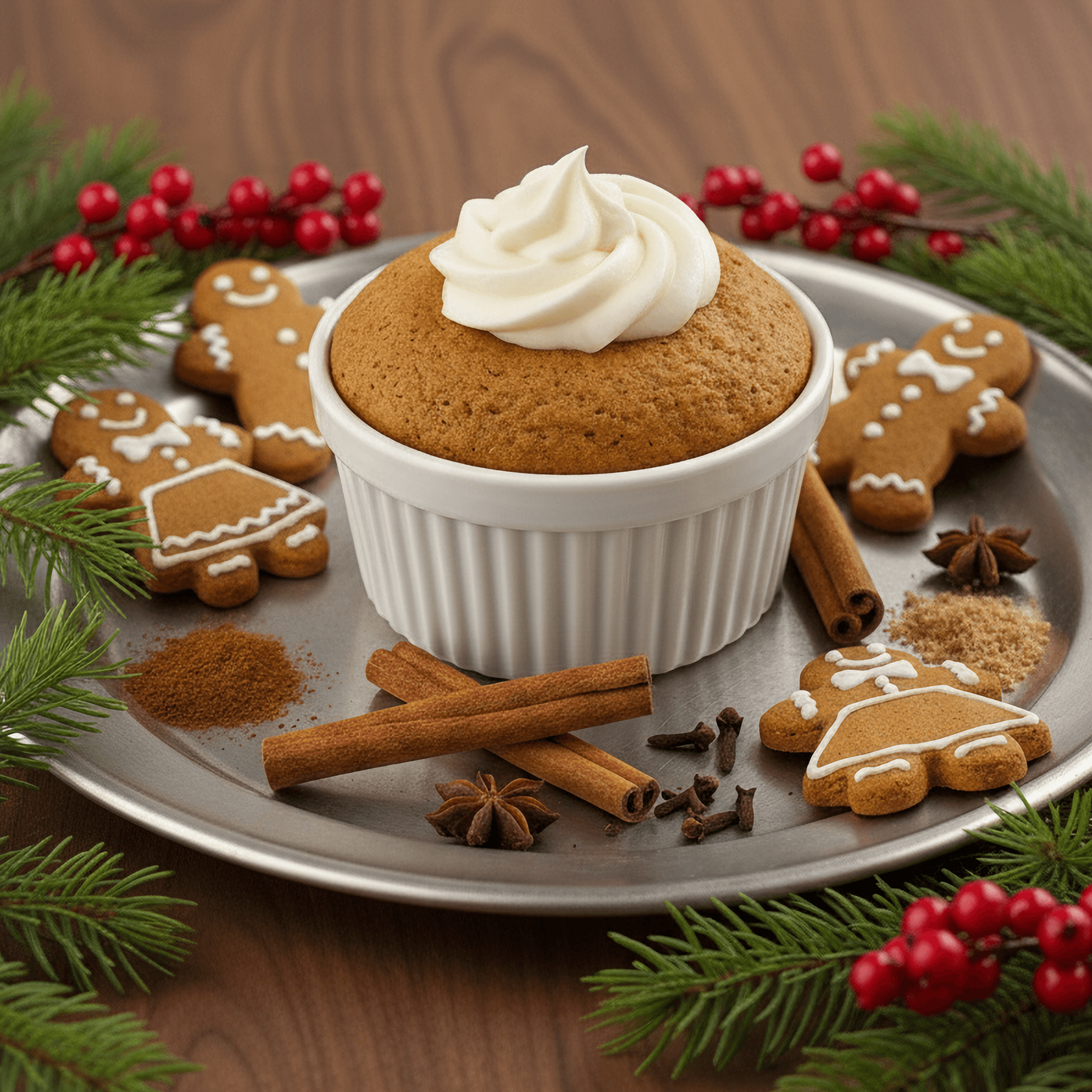 Gingerbread Protein Cake Mix served warm with frosting and gingerbread cookies, garnished with cinnamon and festive greenery.