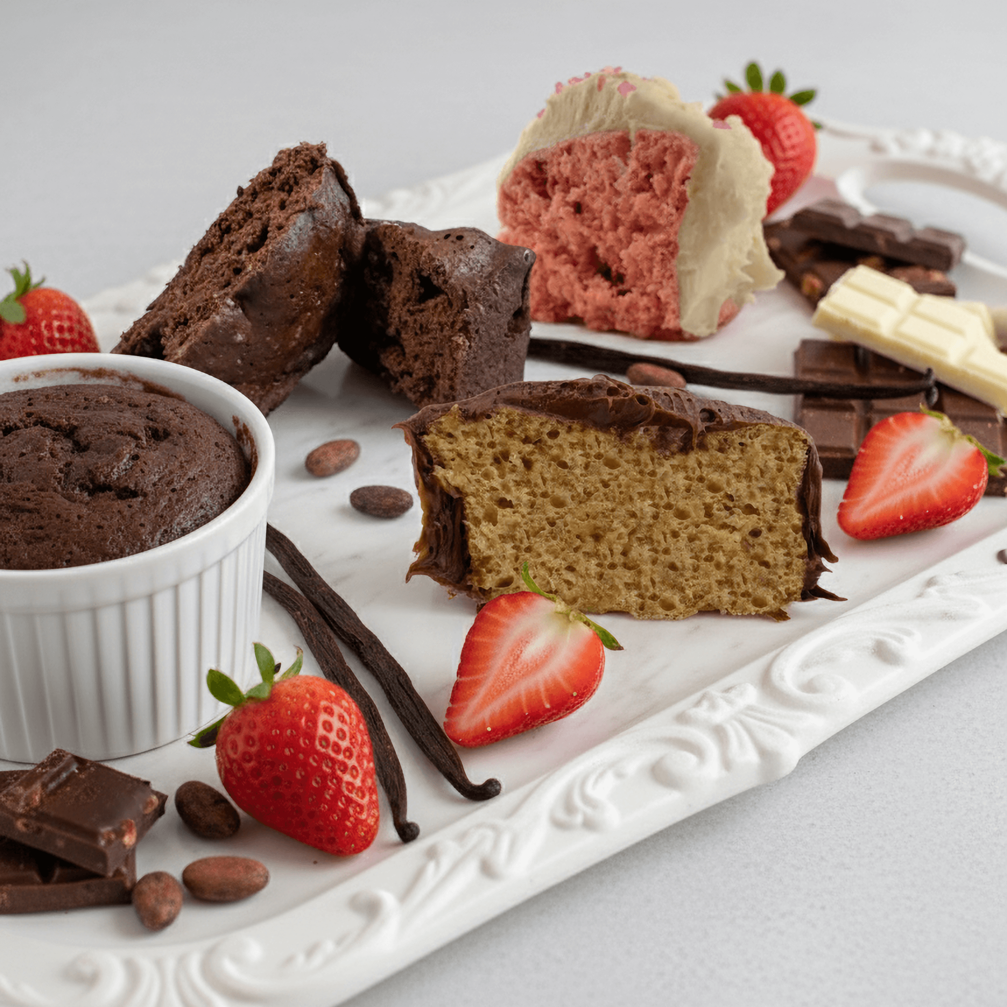 Five Pack, Protein Cake – Five Pack of Deliciousness, Save big when you buy a 5 pack! Treat yourself to a cake a day with our Five Pack. Our Five Pack brings together the classics: (2) Cinnamon Roll, (1) strawberry, and (2) chocolate, in one irresistible