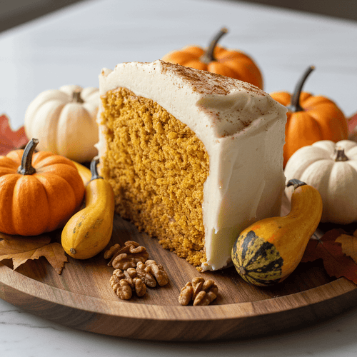 Pumpkin Spice Protein Cake Mix served on a wooden platter with pumpkins, nuts, and autumn leaves for a healthy dessert.