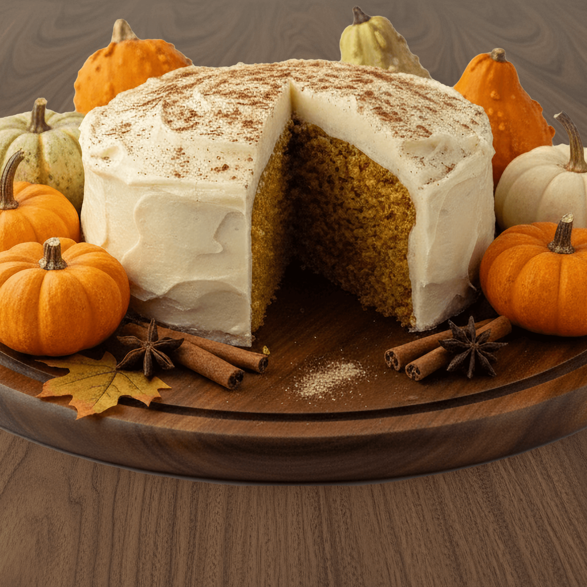 Delicious Pumpkin Spice Protein Cake Mix topped with icing, surrounded by mini pumpkins and spices on a wooden platter.